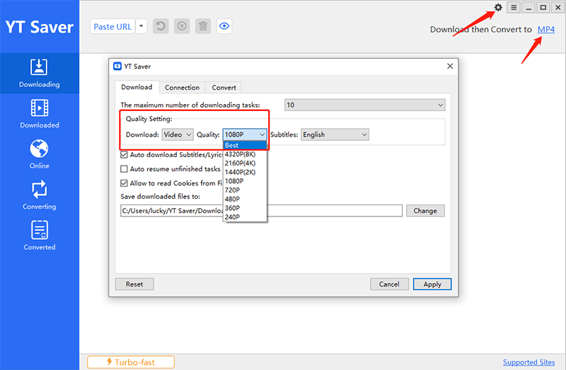 choose the output format in YT Saver
