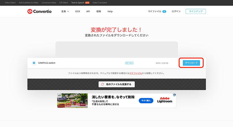 Convertio WebM mp4 変換完了