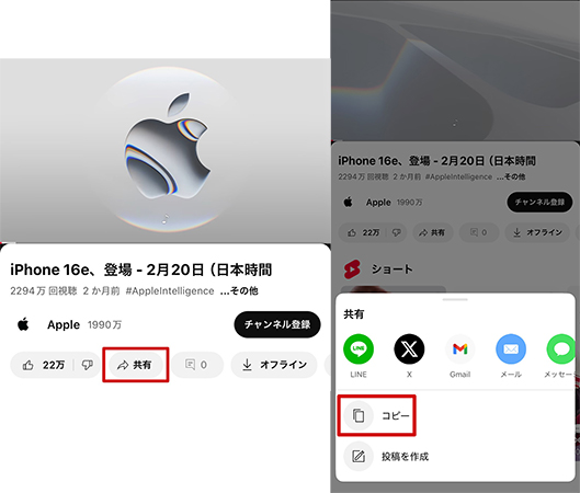 youtube 動画のURLをコピー