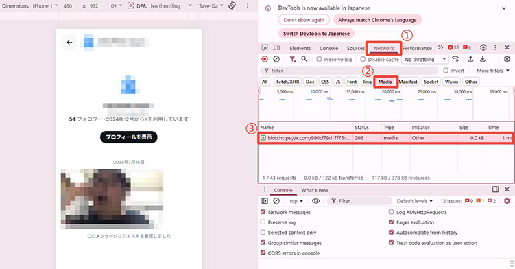 Networkタブから埋め込み動画を探す
