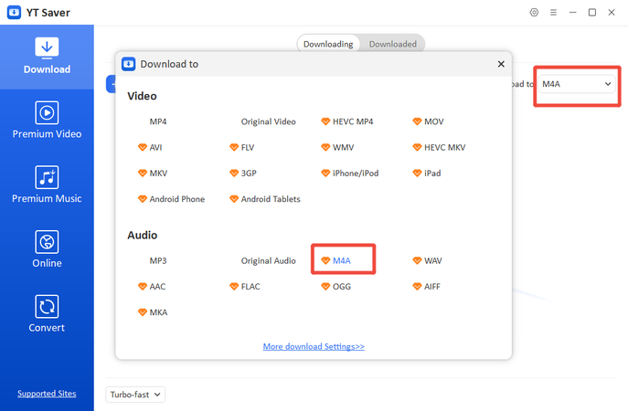 Imposta formato di download su M4A