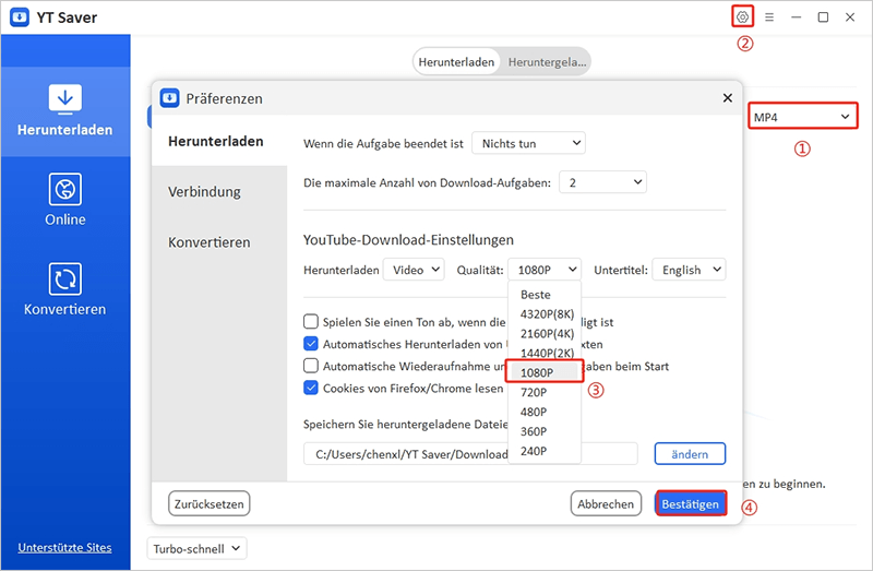 Legen Sie das MP4-Format Ytsaver fest