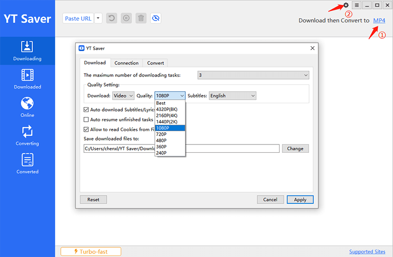 setting mp4 format ytsaver