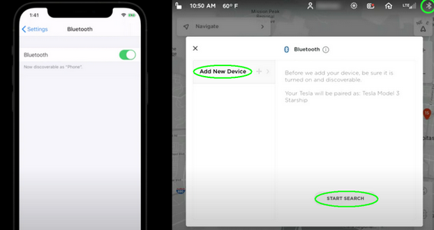 Pareamento Bluetooth na tela do Tesla